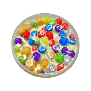 Op de afbeelding: Een doorzichtige plastic container gevuld met witte slijm en kleurrijke, graanvormige snoepjes. De snoepjes zijn in verschillende kleuren, waaronder rood, oranje, geel, groen, blauw en paars.