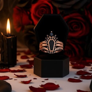 Coffin Cut Black Diamond Ring Set – Gothic Skull Wedding Jewelry