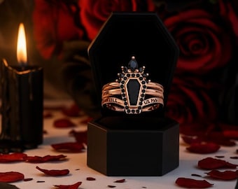 Coffin Cut Black Diamond Ring Set – Gothic Skull Wedding Jewelry