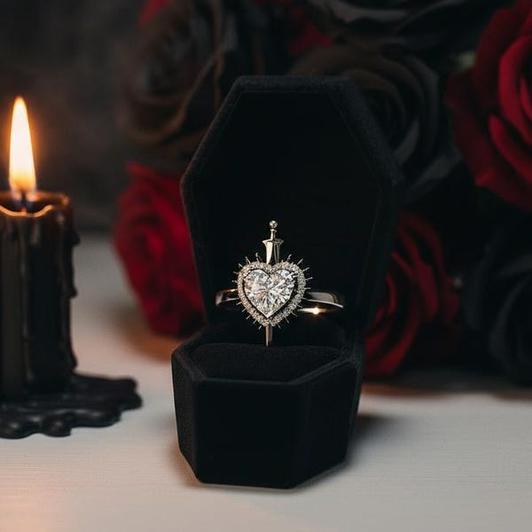 Heart Diamond Gothic Engagement Ring – Dark Romance Bridal, Alternative Wedding