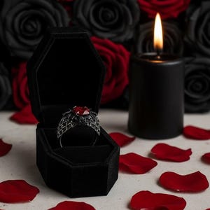 May include: A black velvet ring box holds a silver ring with a large red gemstone. The ring is set against a backdrop of black and red roses, with a lit black candle and scattered red rose petals.
