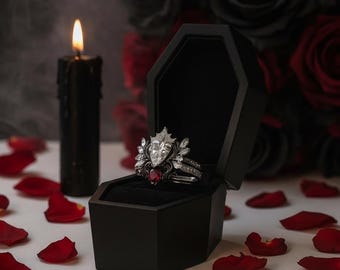 Angel Wings Gothic Moissanite Ring – Pear Cut, Red Heart Gem, 14k White Gold