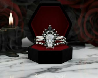 Until Death Coffin Ring Set: White Gold Gothic Wedding, Punk Engagement Rings