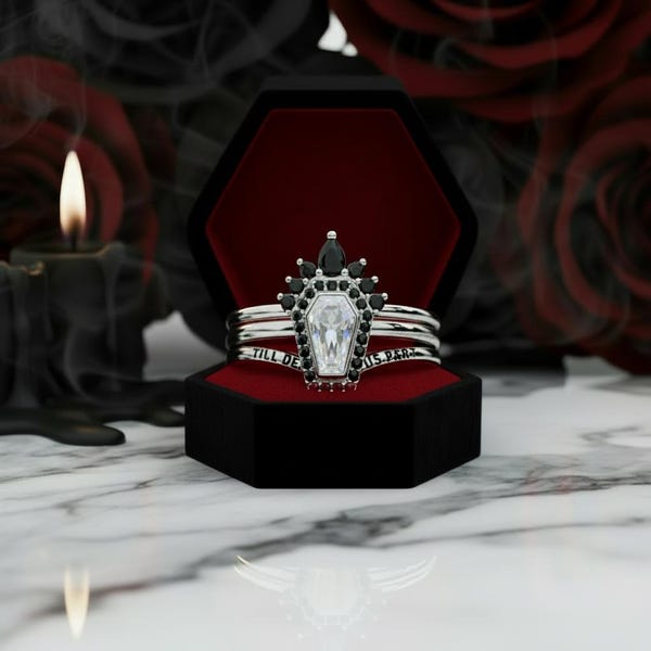 Until Death Coffin Ring Set: White Gold Gothic Wedding, Punk Engagement Rings