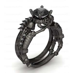 Together Forever Rings/Black Gold Moissanite Gothic Wedding Engagement Rings/Bridal Wedding Ring Sets/Punk Engagement Rings/Skull Ring