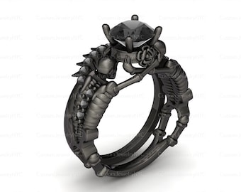 Together Forever Rings/Black Gold Moissanite Gothic Wedding Engagement Rings/Bridal Wedding Ring Sets/Punk Engagement Rings/Skull Ring
