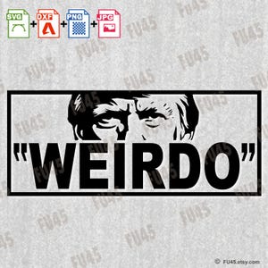 May include: A black and white graphic design with a black rectangle containing the text "WEIRDO" in all caps. The top half of a person's face is visible above the text, with only the eyes, nose, and forehead showing.