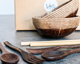 Coconut cutlery for Buddha bowls | Coconut cutlery and straws | Handmade spoon and fork| wooden dinnerware | Christmas present
