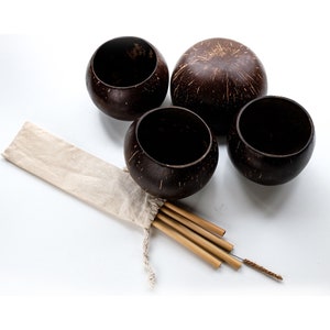 4x Coconut shell cups | Smoothie bowl | 4x Bamboo Straws | Natural & Organic Gelato Bowls | Zero waste | Buddha bowl |family BBQ
