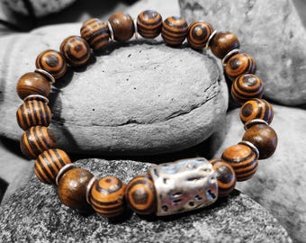 Handmade Striped Wood Bead Bracelet: Rustic Silver Accent, Stretch Fit