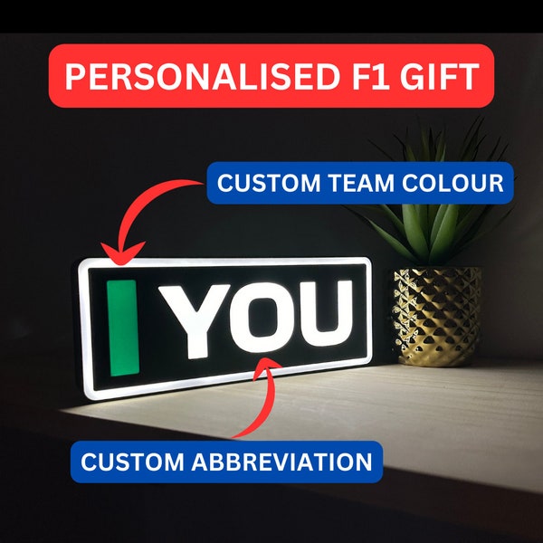 Signo personalizado de abreviatura de nombre de Fórmula 1 con iluminación LED, carreras de F1, regalo de F1