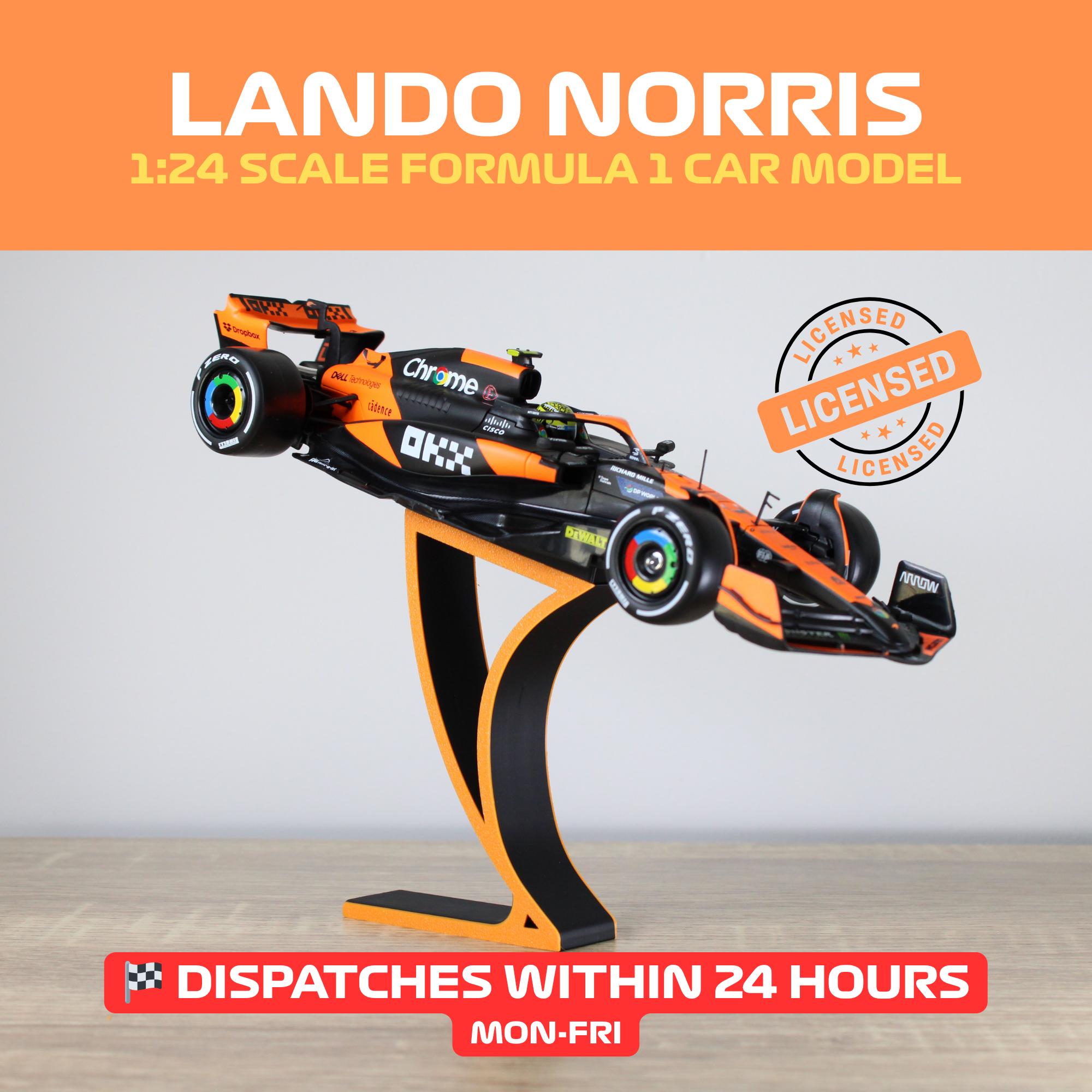 Lando Norris F1 1:24 McLaren Diecast Model Car on Formula 1 Team Colour Display Stand