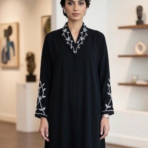 Black Hand-Beaded Abaya with Floral Embroidery – Nida Fabric Kimono