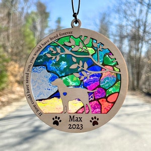 Dog Memorial Gift, Suncatcher, Personalized with dog breed, name and date, Available in all breeds