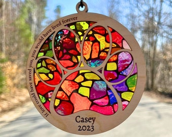 Dog Memorial Suncatcher, Paw Design personalized with name and date