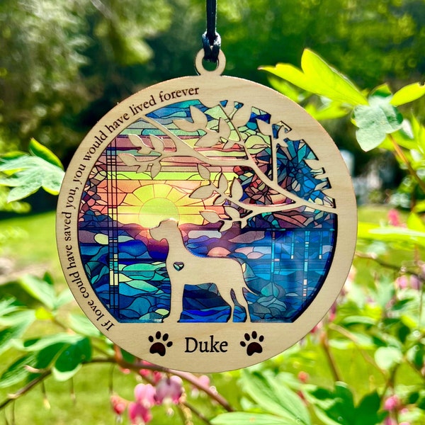 Dog Memorial Suncatcher, Personalized with dog breed, name and date, Available in all breeds, Beach Ocean Sunrise, Pet Memorial Gift