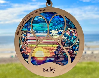 Paw Memorial Suncatcher, Pet Loss Sun Catcher personalized with name and date, Sunrise, Memorial Gift