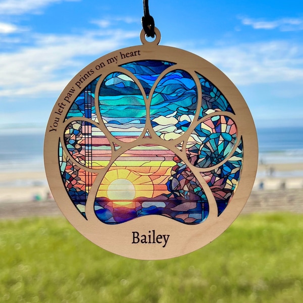 Paw Memorial Suncatcher, Pet Loss Sun Catcher personalized with name and date, Sunrise, Memorial Gift