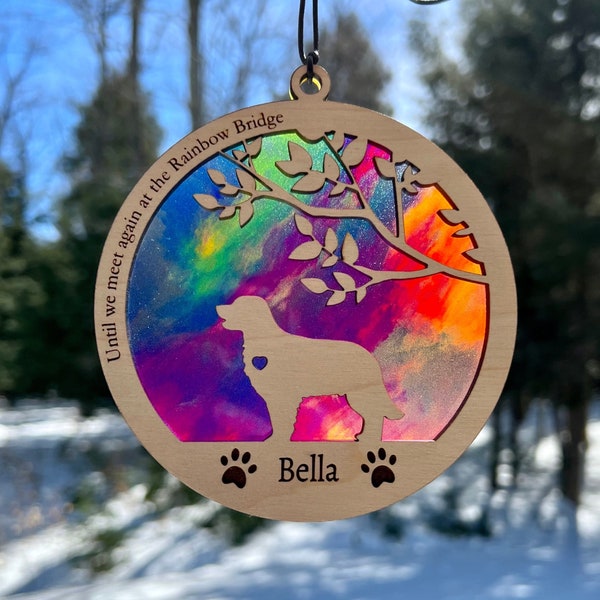 Dog Memorial Suncatcher, Rainbow Bridge, Personalized with dog breed, name and date, Available in all breeds