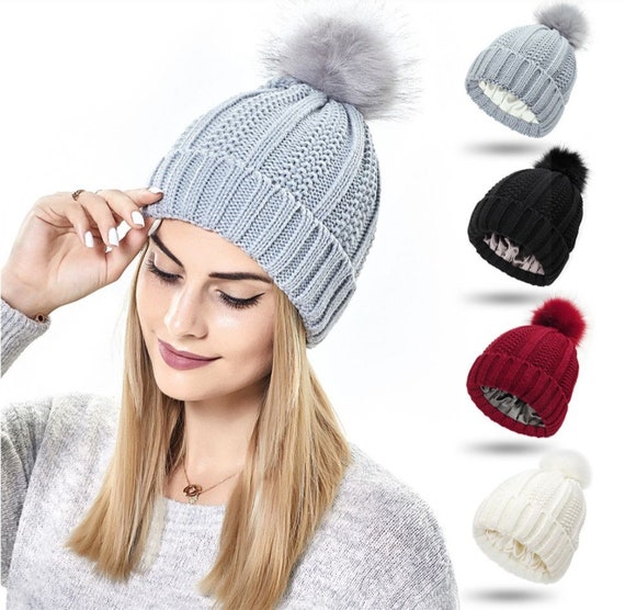 Silk Satin Lined Winter Hat With Bobble 