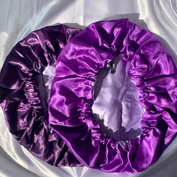 Charmeuse silk bonnet in Amethyst and Cadbury purple