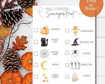 May include: A printable Halloween scavenger hunt checklist with illustrations of a pumpkin, scarecrow, black cat, witches hat, spider web, spider, moon, skeleton, candy corn, and ghost.