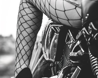Mature, Gorgeous Body, Motorcycle, Vintage Photo, Fishnet Stockings, High Heels, Sexy, Sensual, Poster, Wall Art, Multiple Sizes [202-530Z]