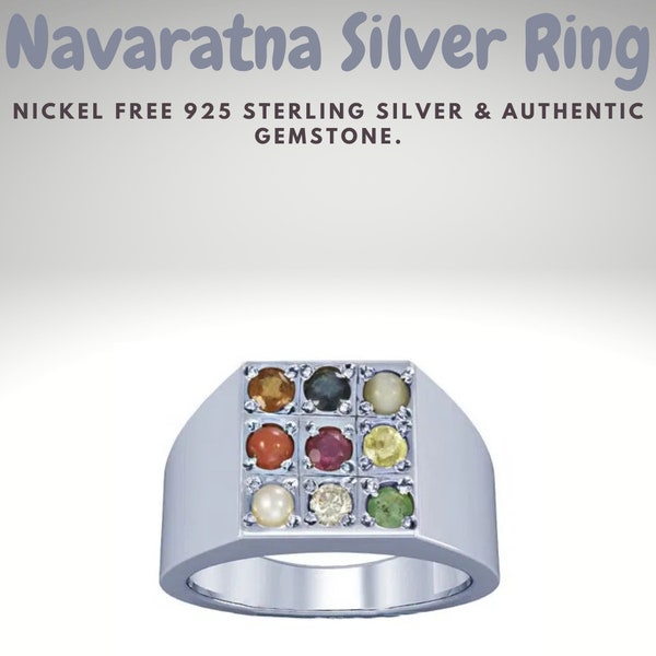 Men’s large Hand Crafted Navaratna sterling silver 925 ring with real gemstones, birthstones Sapphire, Pearl, diamond, Ruby, emerald