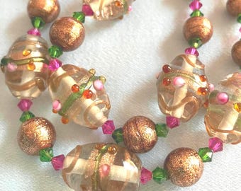 Vintage Venetian Clear Glass Wedding Cake Bead Necklace and Aventurina Glass Beads