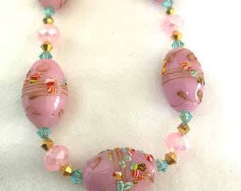 Vintage Venetian Pink Glass Bead Necklace with Starlight Candy Swirls