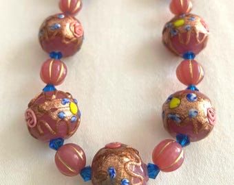 Vintage Murano Fiorato Pink Wedding Cake Bead Necklace