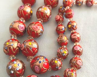 Vintage Venetian Murano Fiorato Red Wedding Cake Bead Necklace