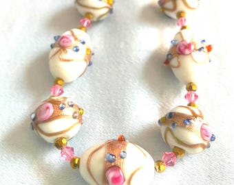 Vintage Venetian Fiorato White Wedding Cake Bead Necklace