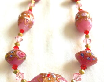 Vintage Venetian Fiorato Pink Wedding Cake Bead Necklace