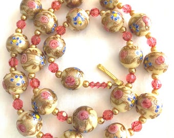 Vintage Venetian Fiorato Cream Colored Wedding Cake Bead Necklace