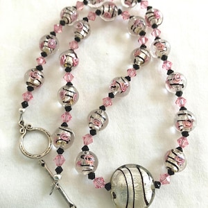 Venetian Silver Foil Glass Art Bead Necklace with Black Swirls and Pink Rosebuds
