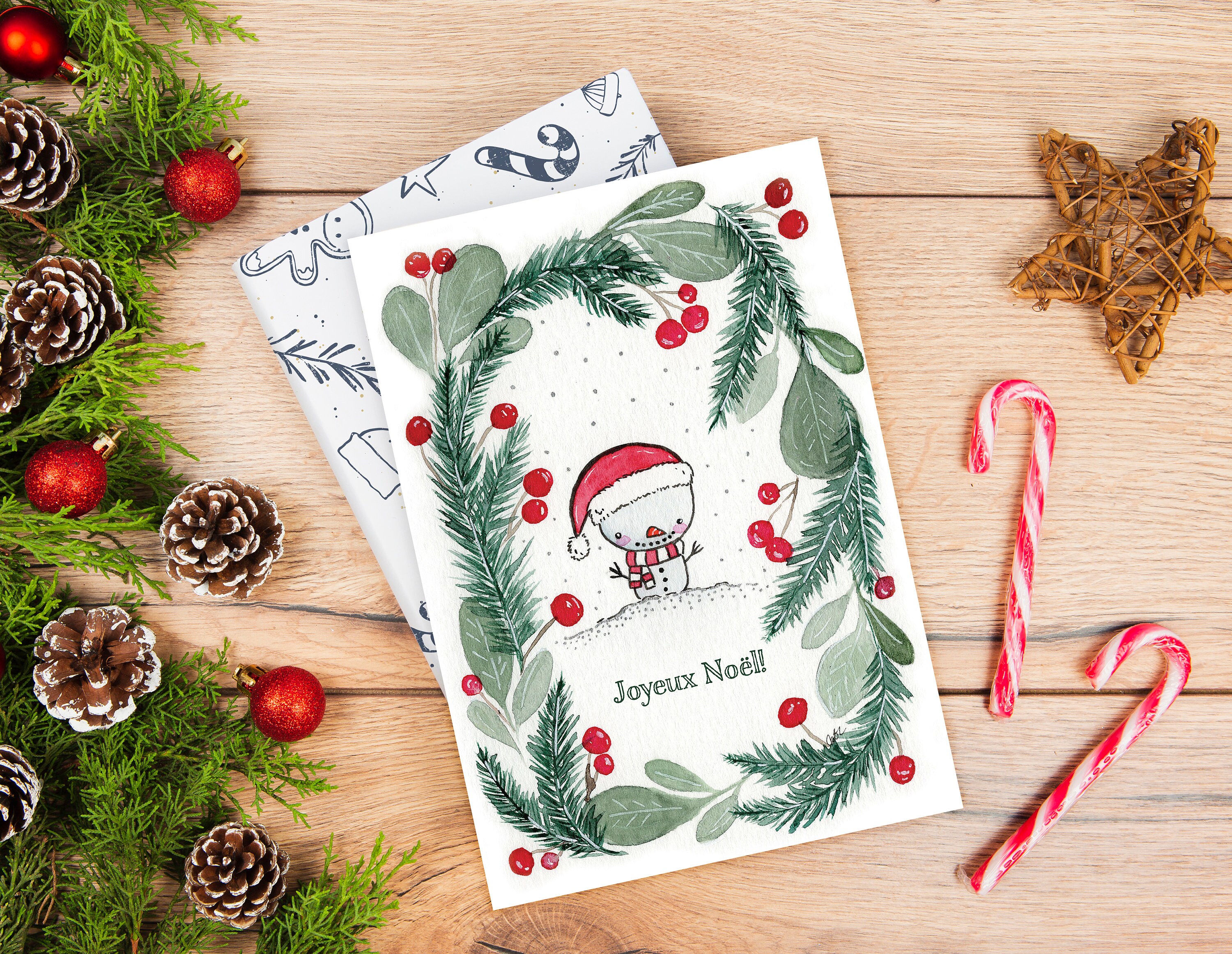 Carte De Noel Avec Bonhomme De Neige Sans Texte Christmas Etsy