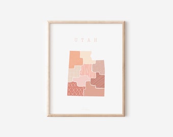 Utah Boho Minimalist Wall Art State Print  Gift for her Peach