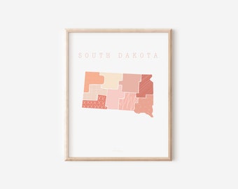 South Dakota Boho Minimalist Wall Art State Print  Gift for her Peach