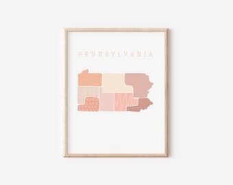 Pennsylvania Boho Minimalist Wall Art State Print  Gift for her Peach