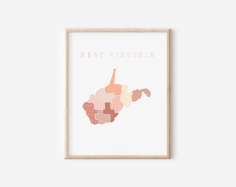 West Virginia Boho Minimalist Wall Art State Print  Gift for her Peach