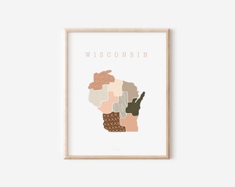 Wisconsin Boho Minimalist Wall Art State Print  Gift for her Peach