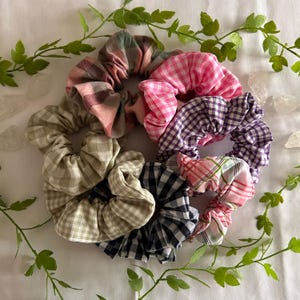 Gingham Print Scrunchies Hair Scrunchy Hair Tie Pink Purple Scrunchie Cotton Scrunchie Gift for Her School Print Scrunchies Hair Accessories