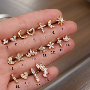 Clous d'oreilles en or 14 carats et diamants, clous d'oreilles en forme de trio lune/coeur/croix/étoile/fleur/soleil/trois points, boucles d'oreilles push back, clous pour tous les âges