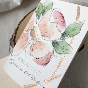 Hochzeitseinladung original handgemaltes Blumenmotiv Aquarell personalisierte Einladungskarte zur Hochzeit edel hochwertig mit Innentext