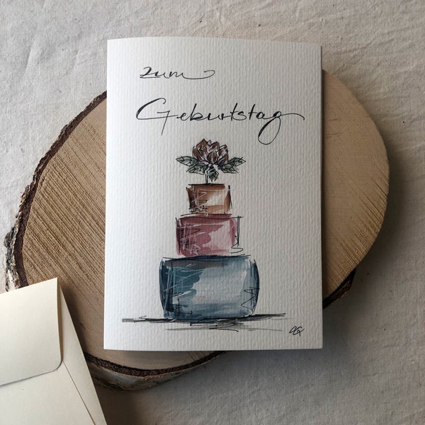 Original hand-painted birthday card, watercolor, congratulations, with envelope, elegant and high quality, no print