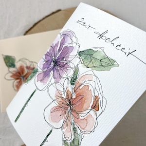 Hochzeitskarte Unikat original handgemalt in Aquarell Glückwunschkarte zur Hochzeit Geschenk Brautpaar Blumen edel und hochwertig kein Druck