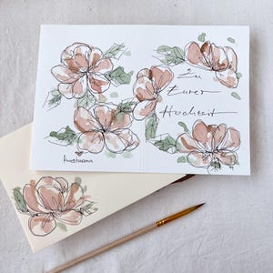 Hochzeitskarte Unikat original handgemalt in Aquarell Glückwunschkarte zur Hochzeit Geschenk Brautpaar Blumen edel und hochwertig kein Druck