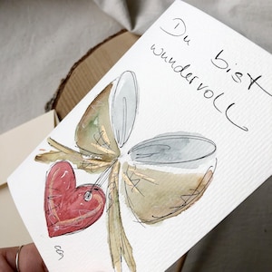 Grußkarte original handgemalt in Aquarell Kunstkarte Schleife und Herz Du bist wundervoll Geschenk Geburtstag edel und hochwertig kein Druck