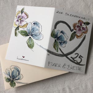 Original handgemalte Karte zur Silberhochzeit in Aquarell personalisierte Glückwunschkarte Geschenk 25 Hochzeitstag edle Qualität kein Druck